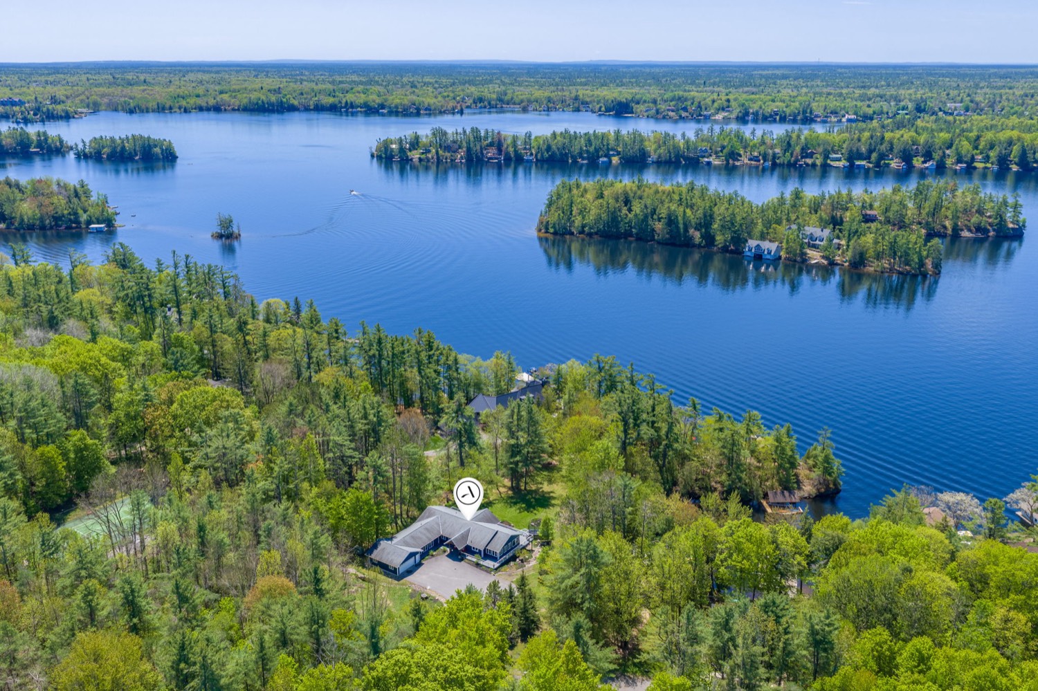 Aerial of the Lake Muskoka estate and 600 feet of frontage